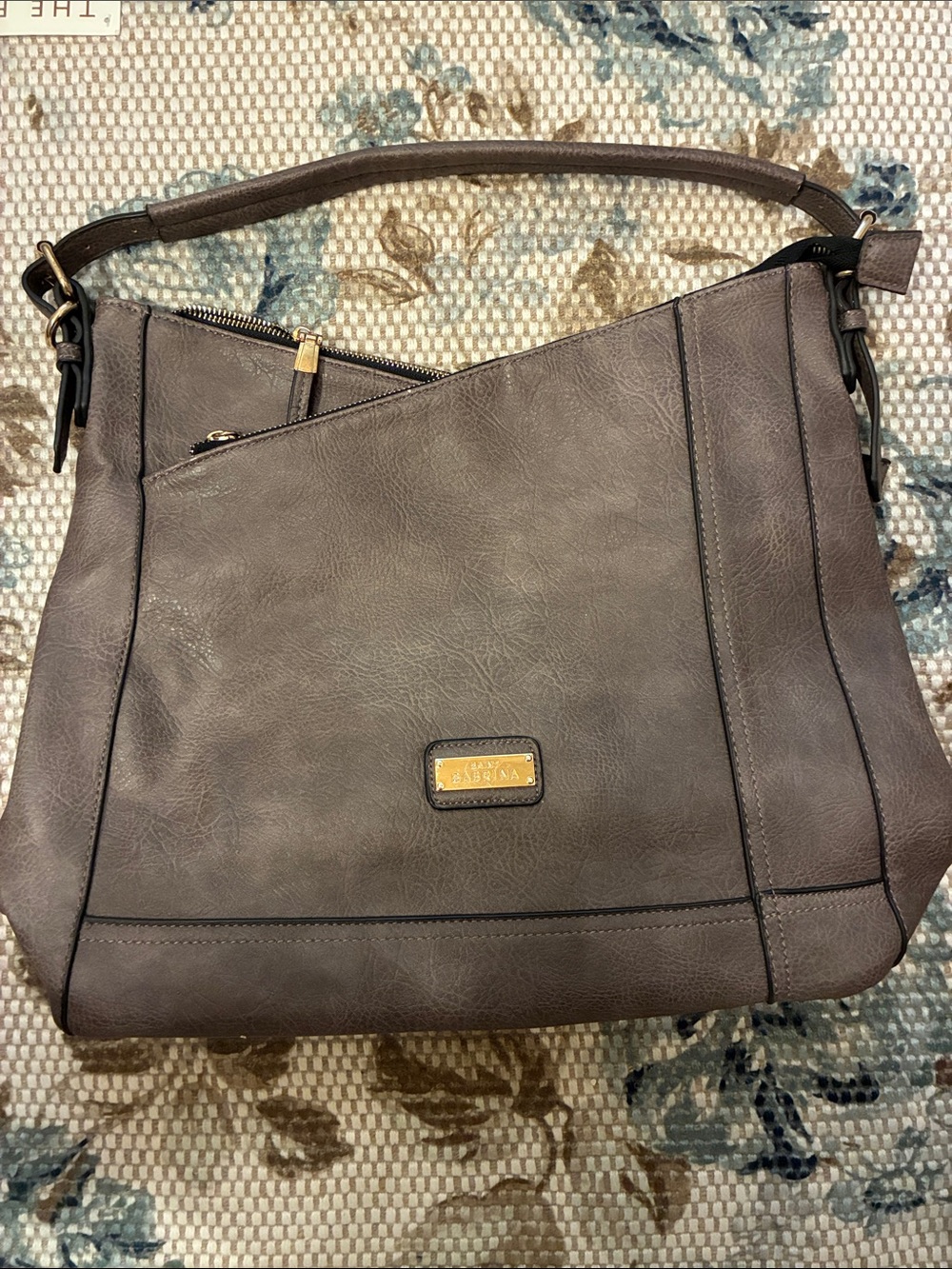 Adrienne Vittadini Gray-Taupe Shoulder Bag with Gold‎ Logo Plate